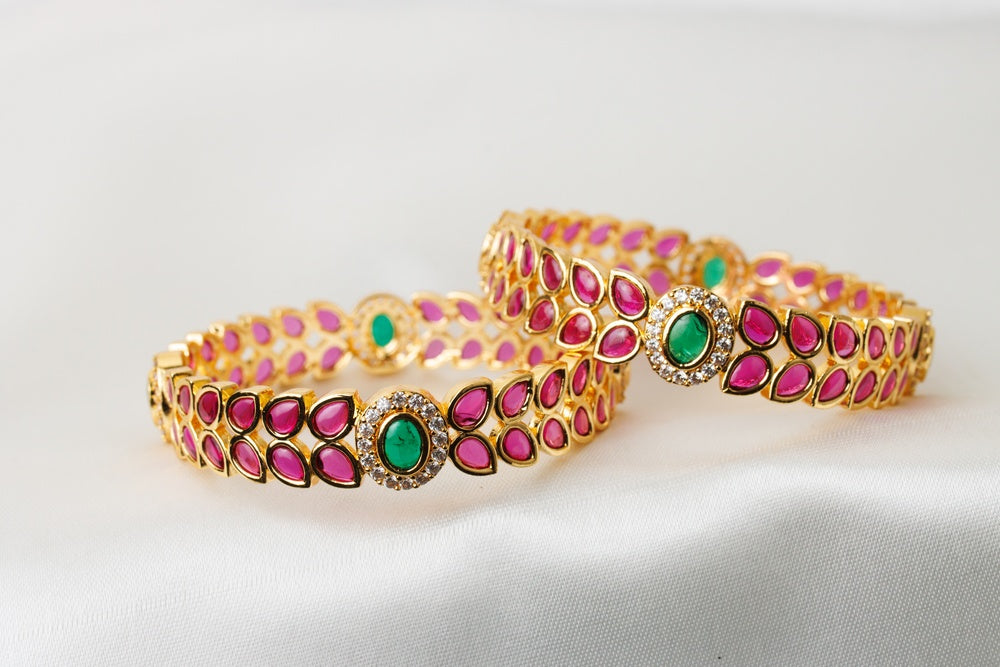 Emerald & Ruby Stone Gold-Plated Bangles