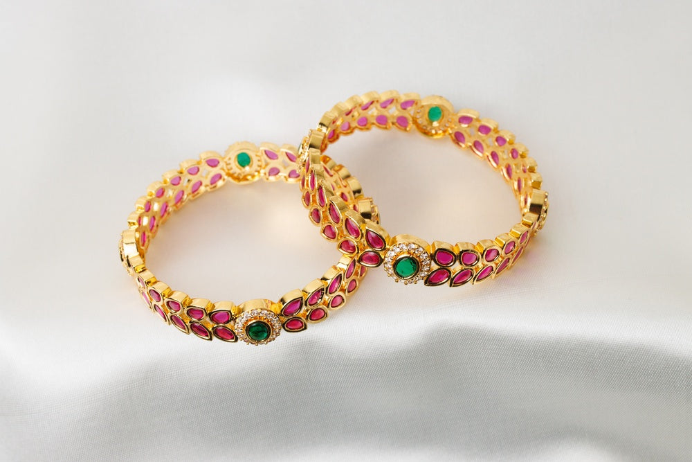 Emerald & Ruby Stone Gold-Plated Bangles