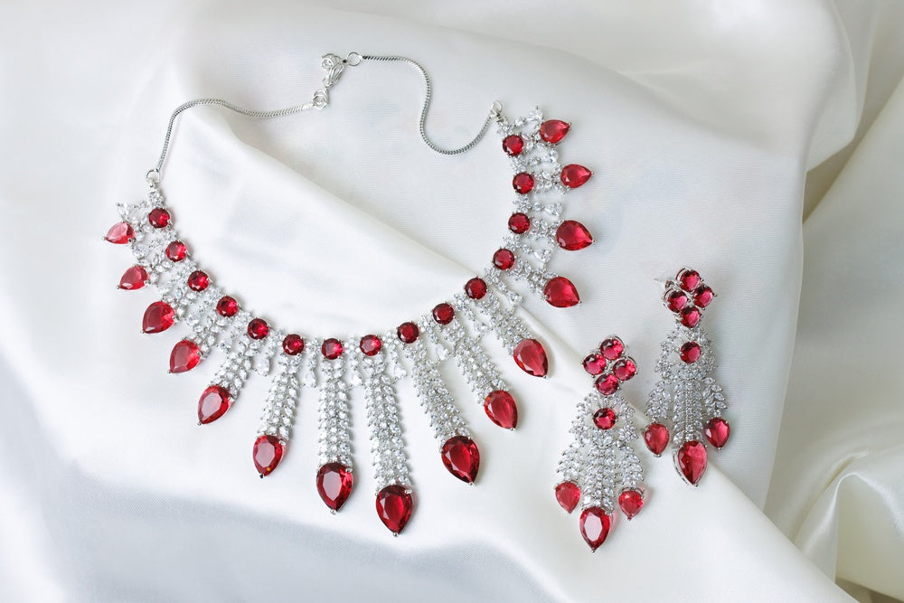 Ruby Red American Diamond Necklace & Earrings Set