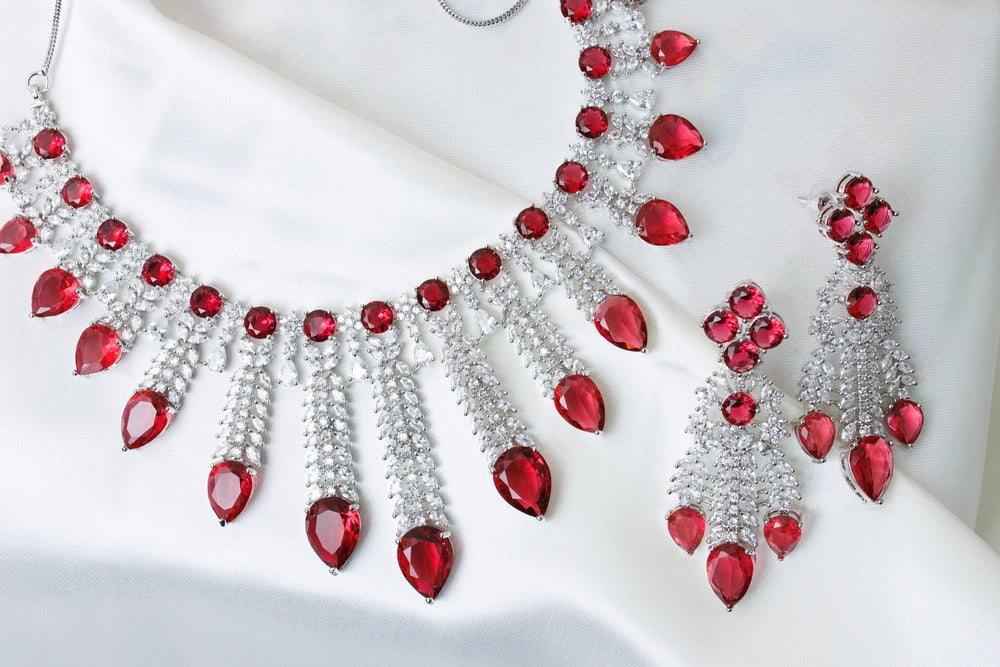 Ruby Red American Diamond Necklace & Earrings Set