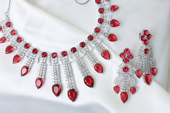 Ruby Red American Diamond Necklace & Earrings Set