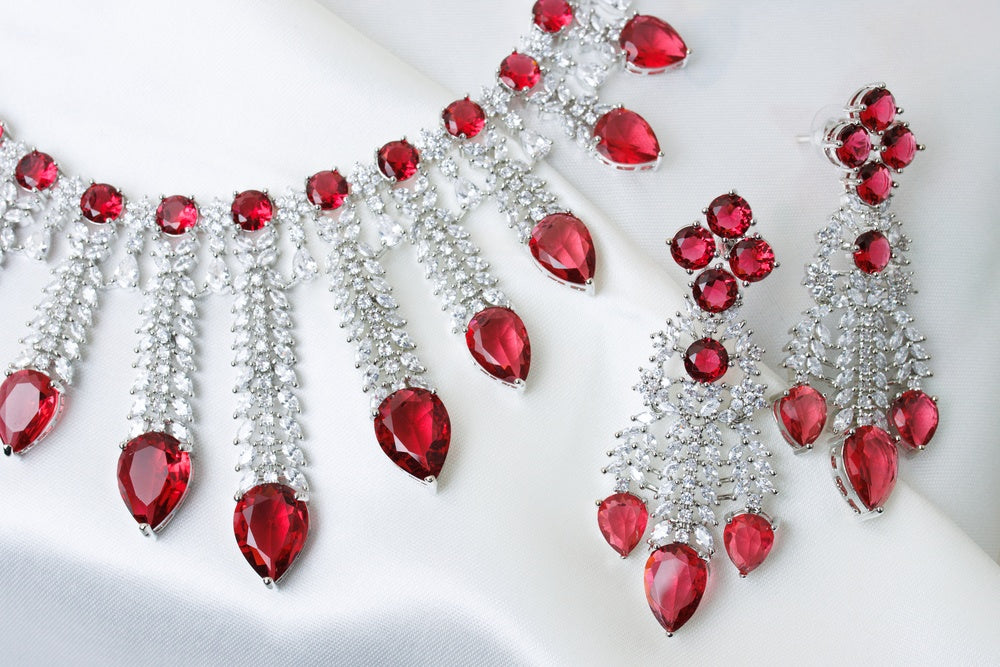 Ruby Red American Diamond Necklace & Earrings Set